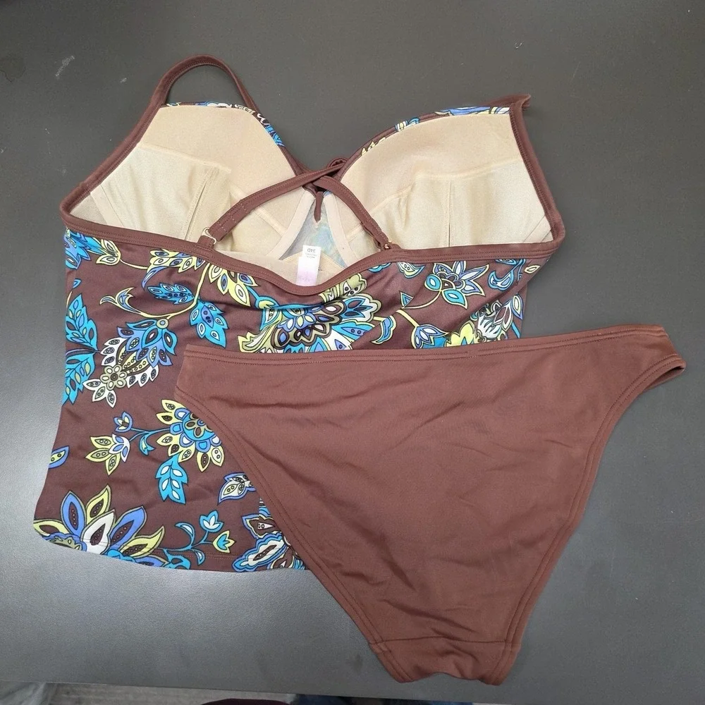 Victoria's Secret Swimsuit 34D Chocolate Brown Floral Tankini Bikini Set Padded